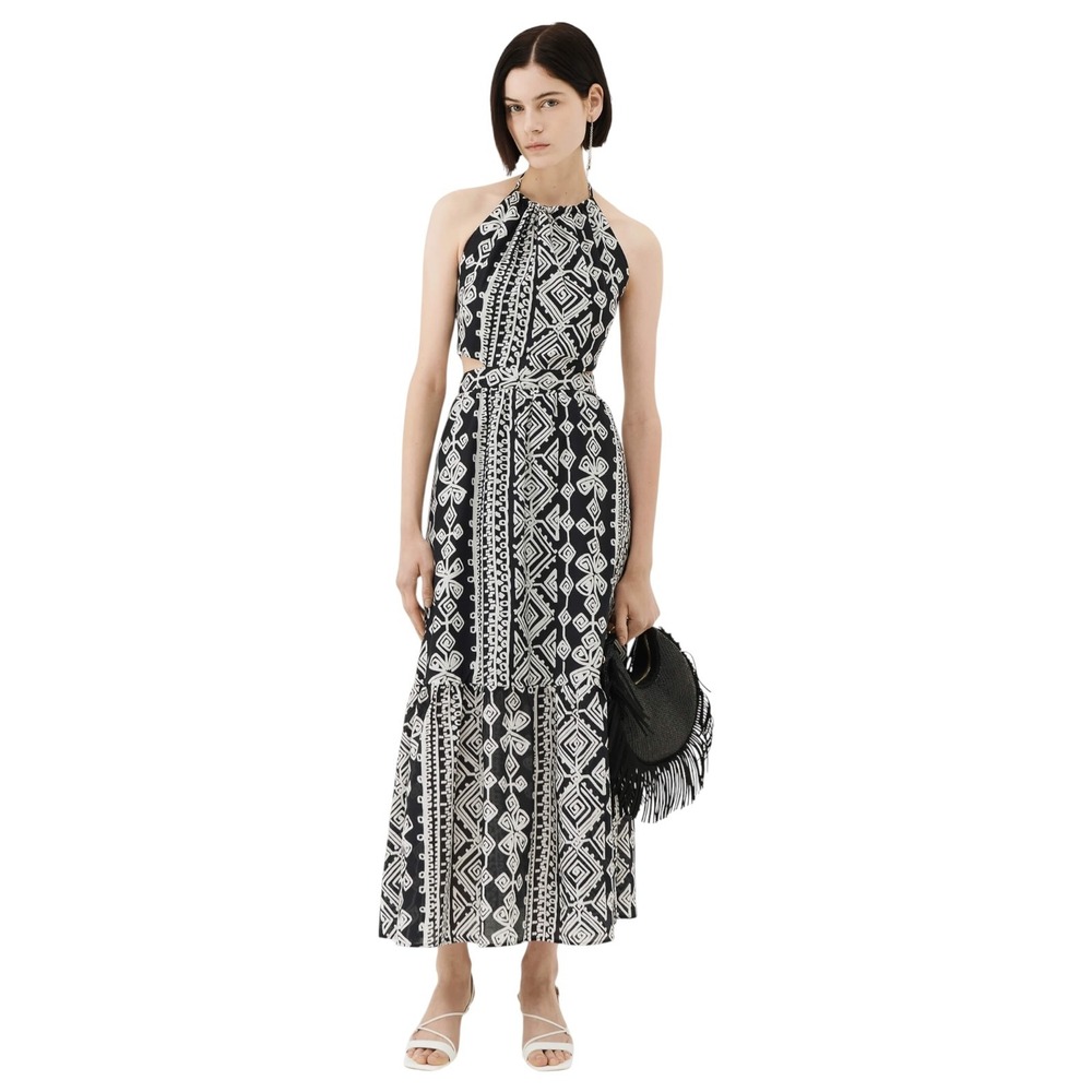Marella Black White‎ Geometric Tribal Print Silk Halter Cutout Maxi Dress 10 US